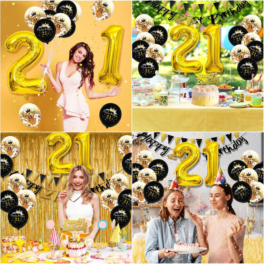 FEYG 21st Birthday Decorations Kit – Black & Gold Party Supplies with Number 21 Balloons, Banner, and Cake Topper
