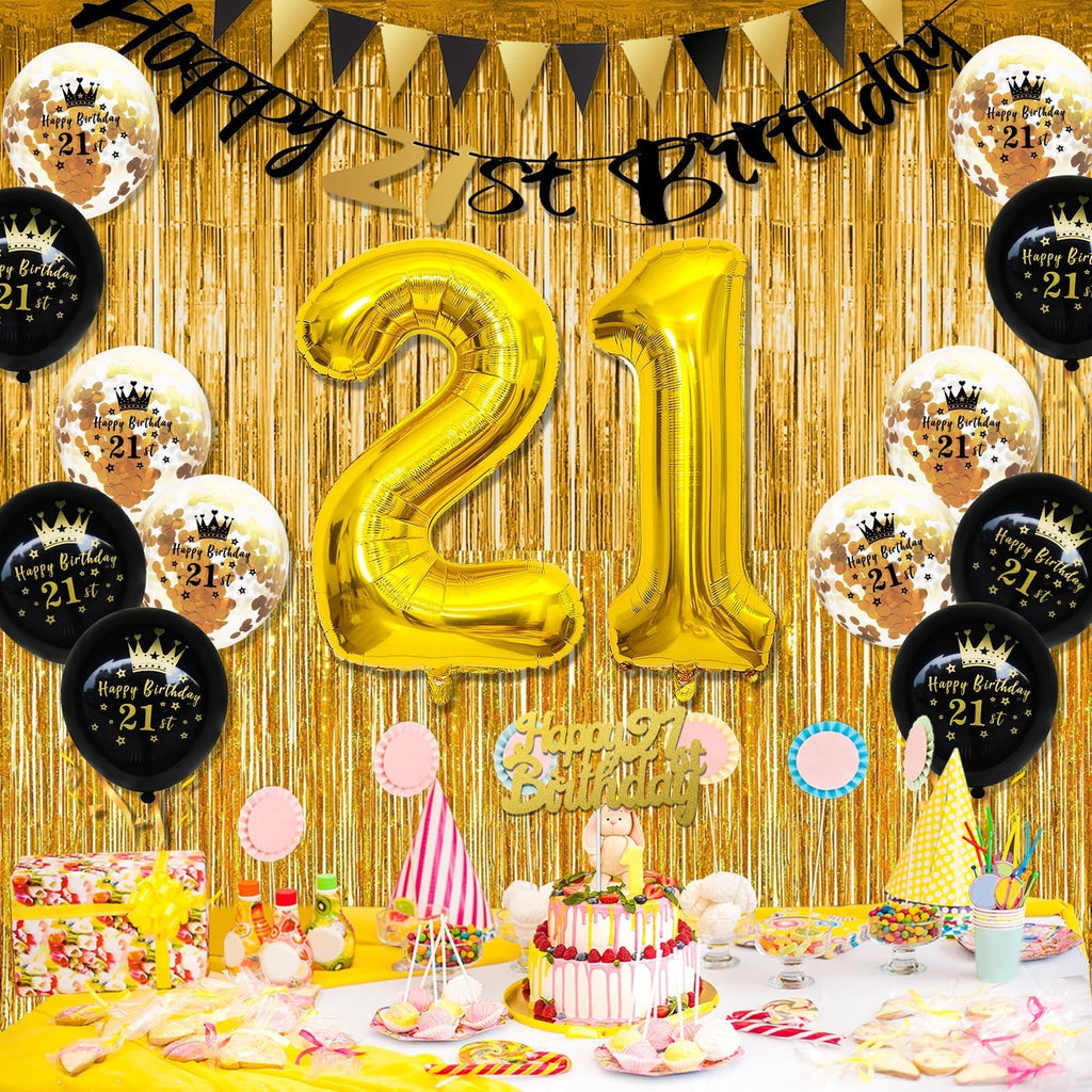 FEYG 21st Birthday Decorations Kit – Black & Gold Party Supplies with Number 21 Balloons, Banner, and Cake Topper