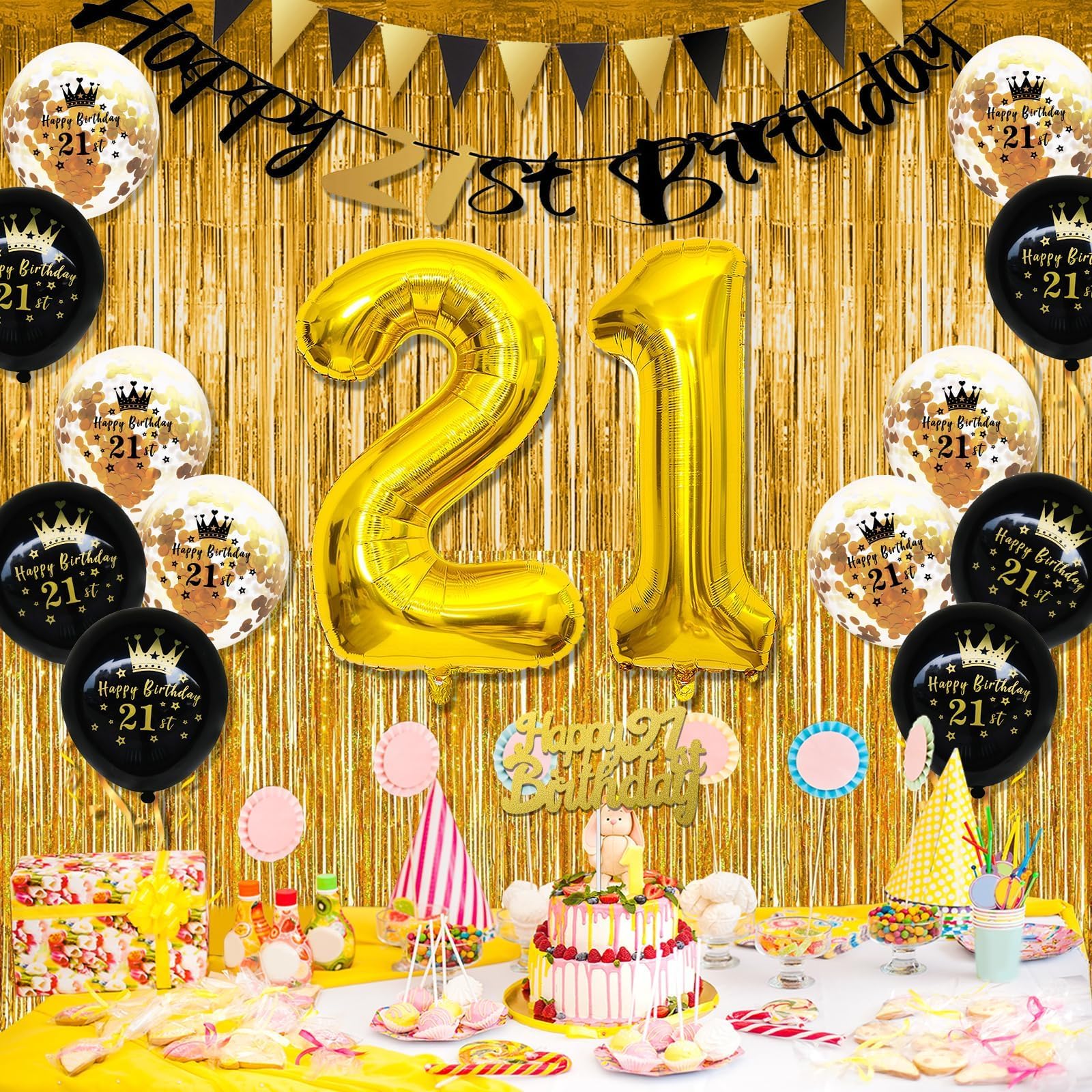 FEYG 21st Birthday Decorations Kit – Black & Gold Party Supplies with Number 21 Balloons, Banner, and Cake Topper