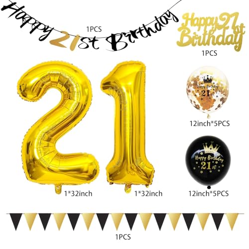 FEYG 21st Birthday Decorations Kit – Black & Gold Party Supplies with Number 21 Balloons, Banner, and Cake Topper