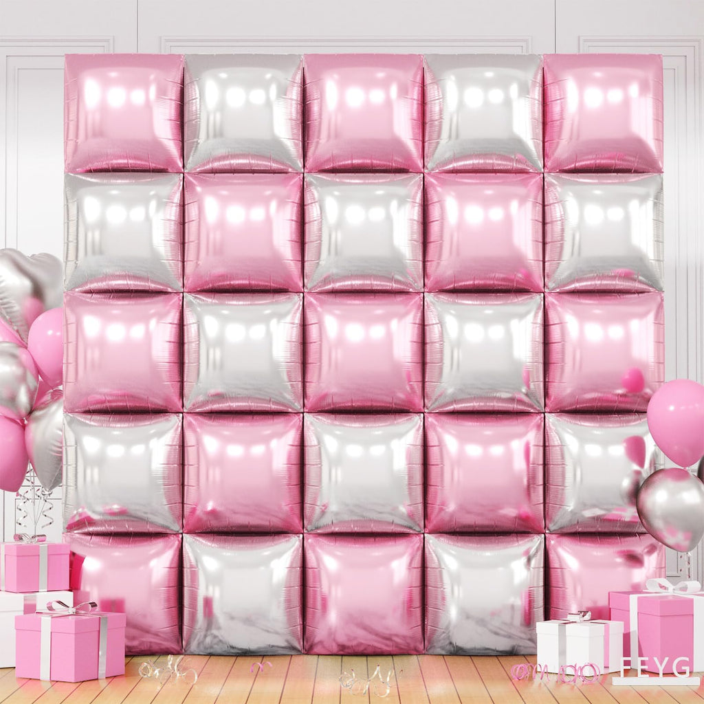 FEYG 25-Pack Pearl Pink and Silver Double-Sided Square Foil Balloons – 19 Inch Wall Arch Kit for Party Decor