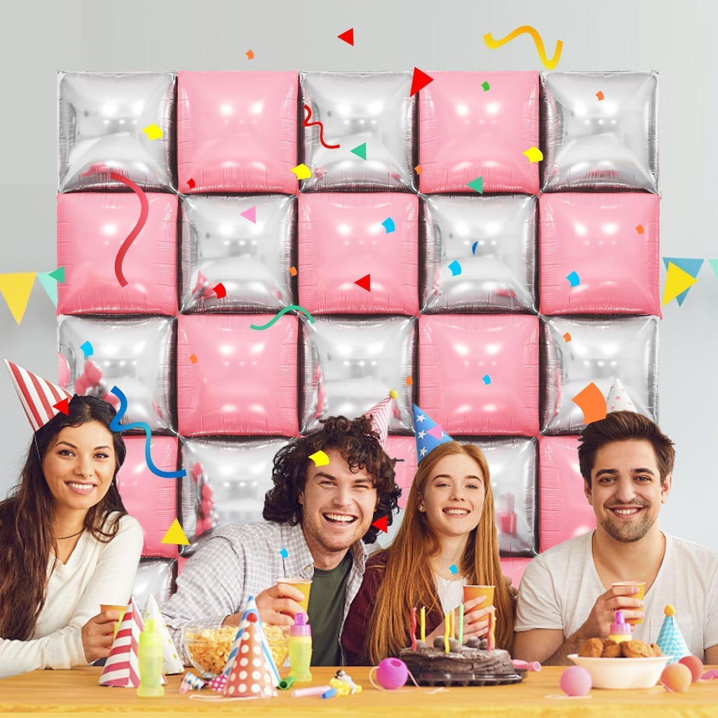 FEYG 25-Pack Pearl Pink and Silver Double-Sided Square Foil Balloons – 19 Inch Wall Arch Kit for Party Decor