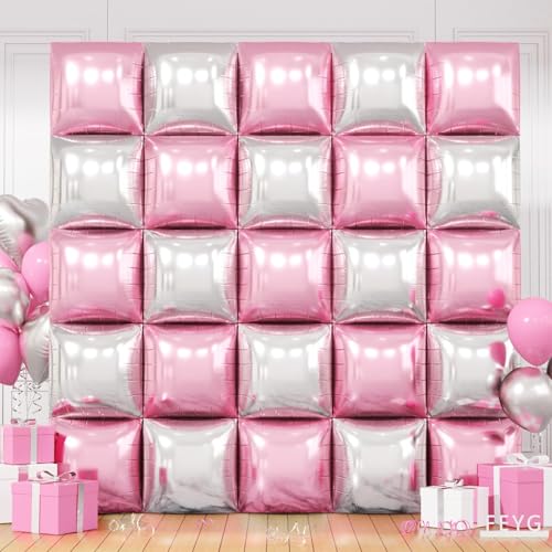 FEYG 25-Pack Pearl Pink and Silver Double-Sided Square Foil Balloons – 19 Inch Wall Arch Kit for Party Decor