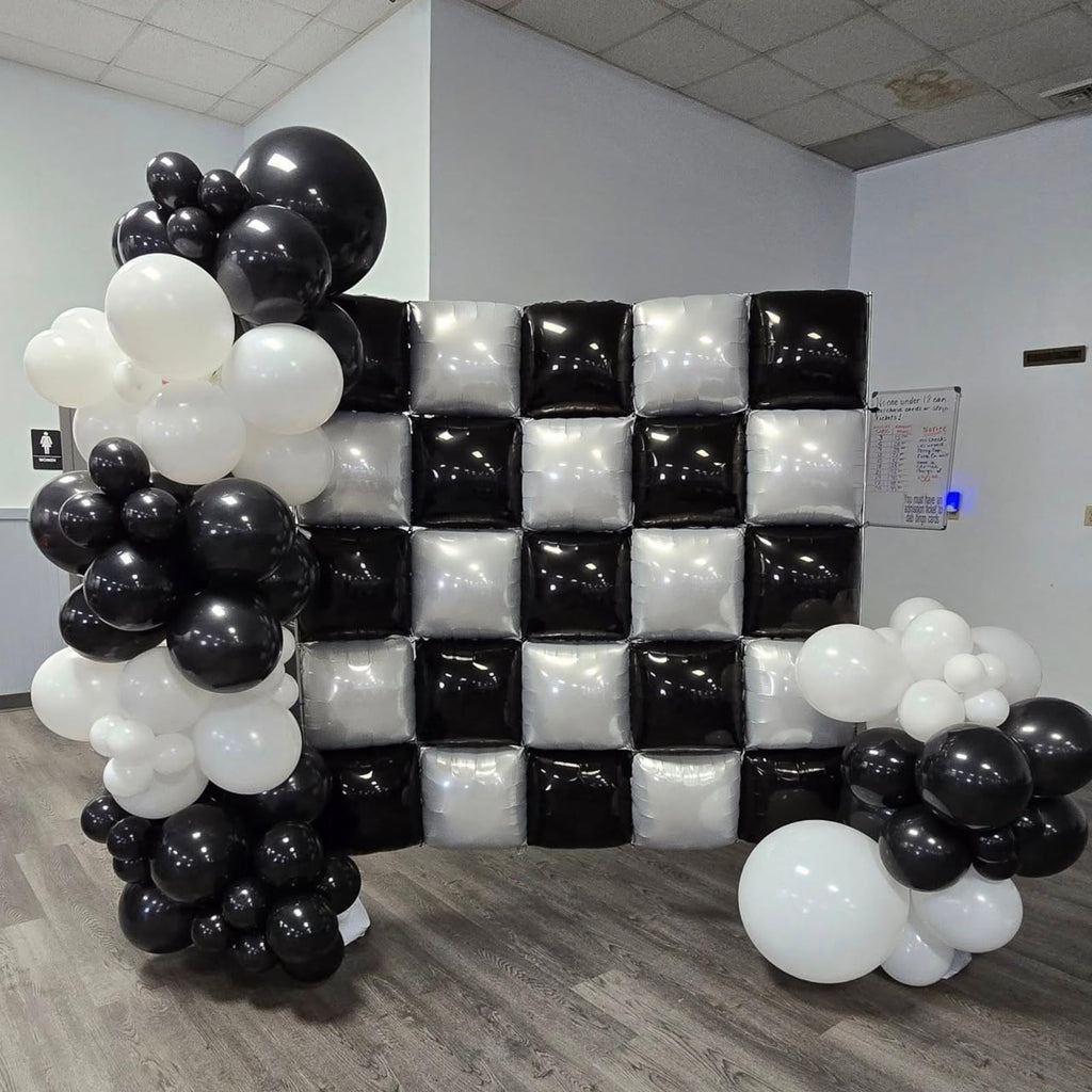 FEYG Double Sided Foil Balloon Wall Kit - 25 Pack 19 Inch Black and Pearl White Square Balloons for Party Arch, Tunnel, Backdrop Decoration