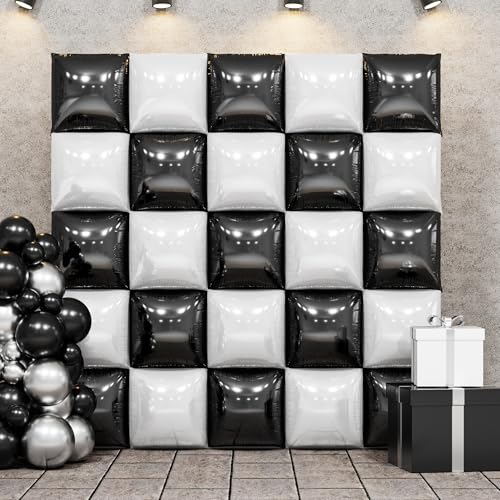 FEYG Double Sided Foil Balloon Wall Kit - 25 Pack 19 Inch Black and Pearl White Square Balloons for Party Arch, Tunnel, Backdrop Decoration