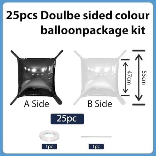 FEYG Double Sided Foil Balloon Wall Kit - 25 Pack 19 Inch Black and Pearl White Square Balloons for Party Arch, Tunnel, Backdrop Decoration