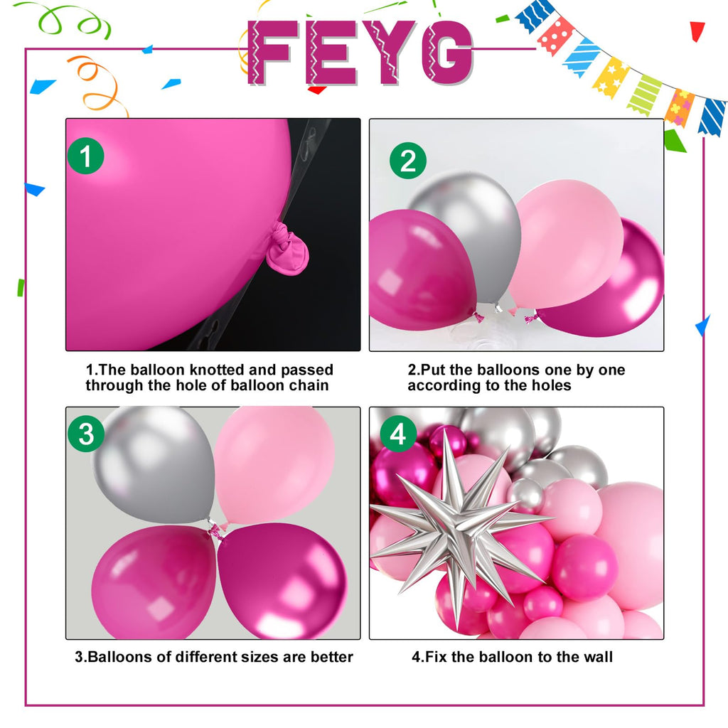 FEYG Pink and Silver Balloon Arch Kit - 120 Pastel Pink, Hot Pink, Silver & 4D Star Balloons for Princess Theme Parties, Baby Showers, Birthdays