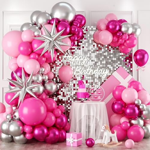 FEYG Pink and Silver Balloon Arch Kit - 120 Pastel Pink, Hot Pink, Silver & 4D Star Balloons for Princess Theme Parties, Baby Showers, Birthdays