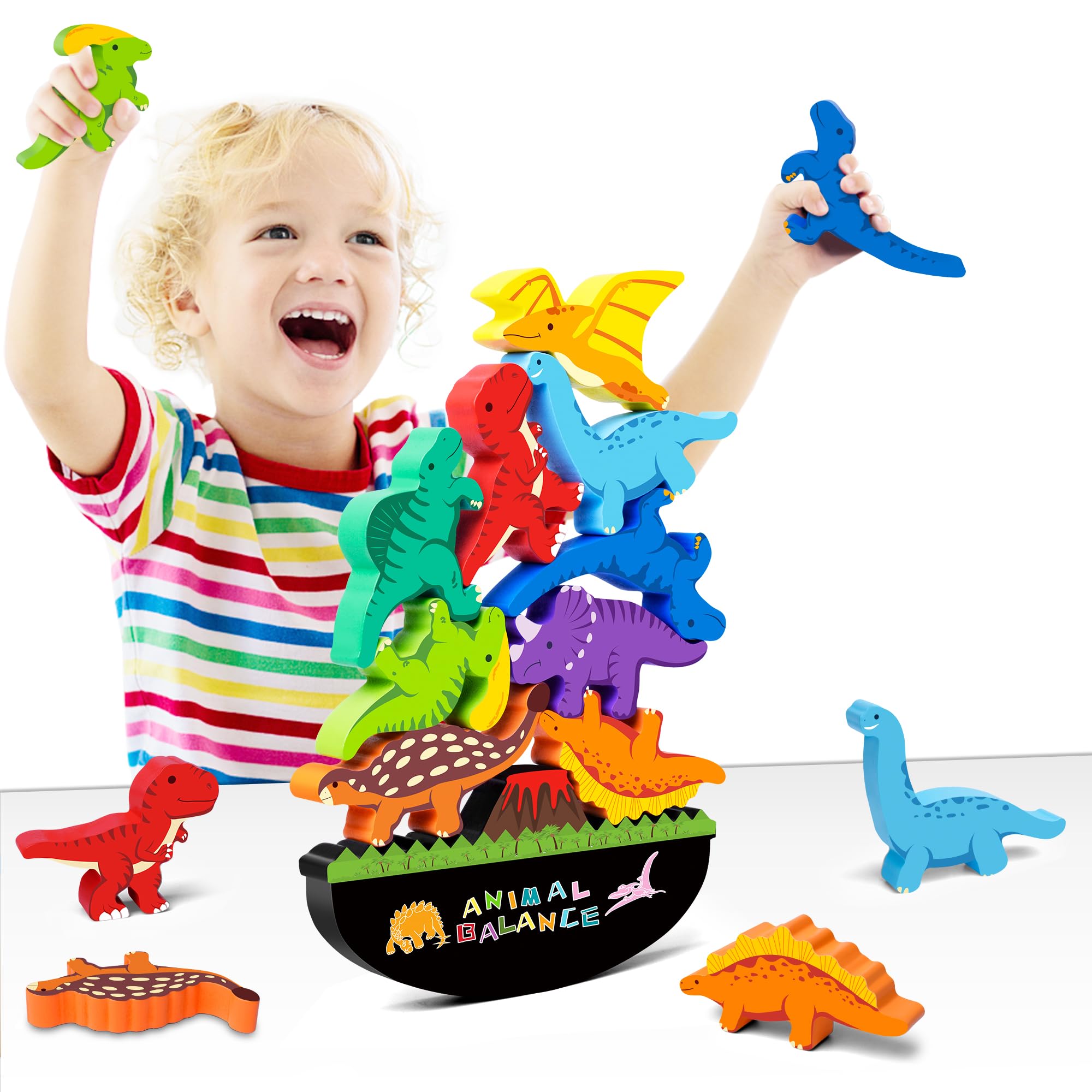 FFTROC Wooden Dinosaur Stacking Blocks – Balancing Toy for Toddlers 2-5 Years