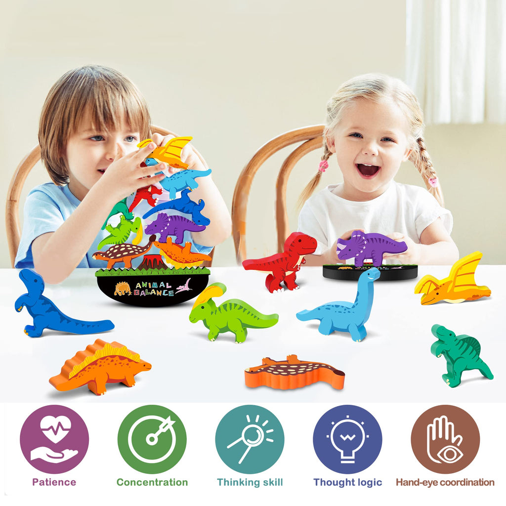 FFTROC Wooden Dinosaur Stacking Blocks – Balancing Toy for Toddlers 2-5 Years