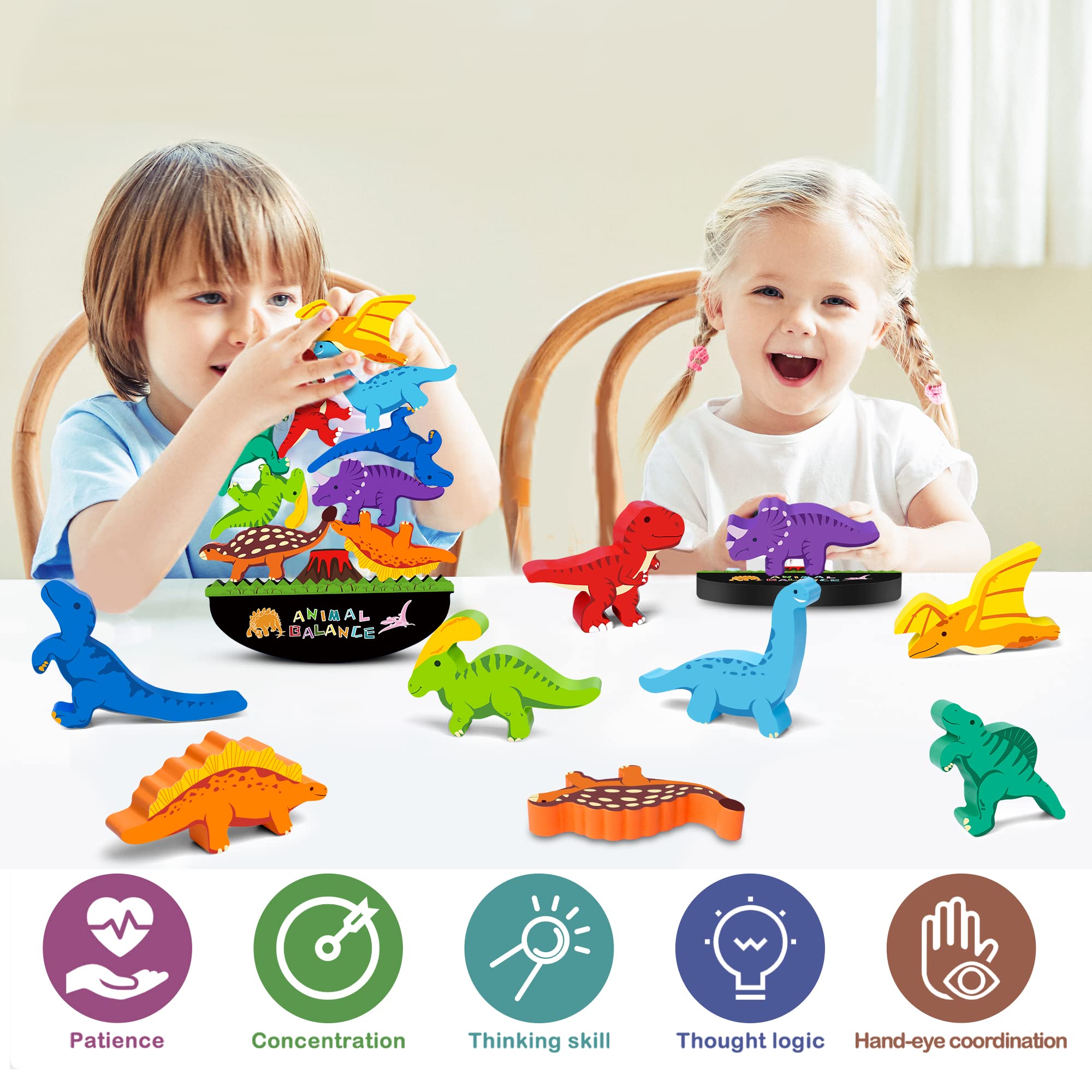 FFTROC Wooden Dinosaur Stacking Blocks – Balancing Toy for Toddlers 2-5 Years