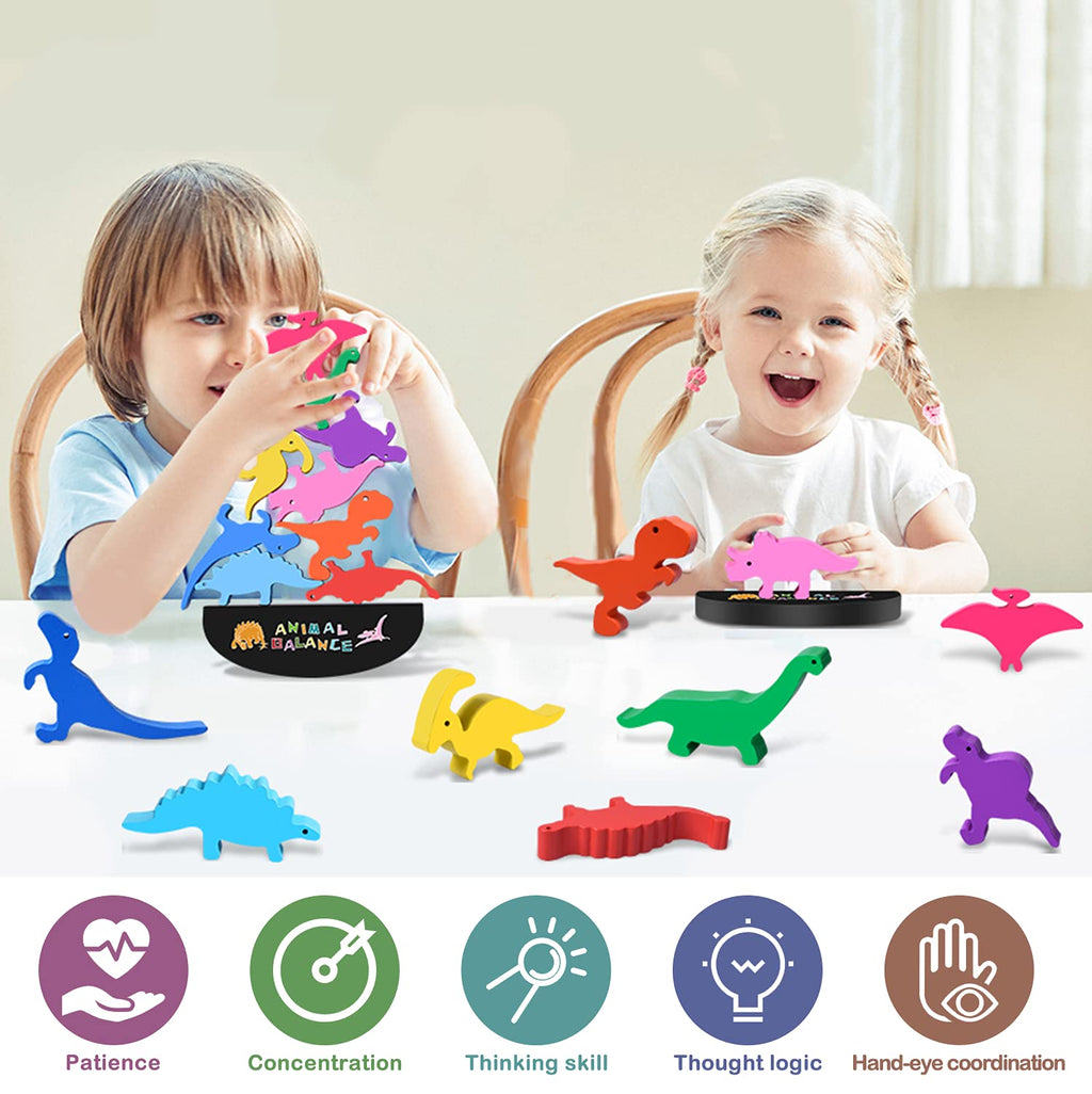 FFTROC Wooden Dinosaur Stacking Toy - 9 Colorful Balancing Blocks for Toddlers Ages 2-4