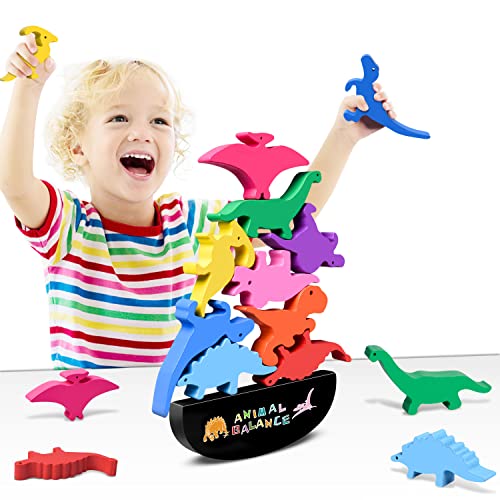 FFTROC Wooden Dinosaur Stacking Toy - 9 Colorful Balancing Blocks for Toddlers Ages 2-4