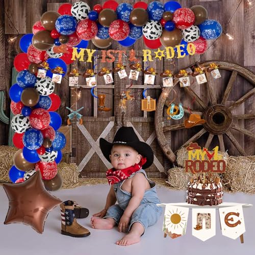 Fiesec My First Rodeo Boy's 1st Birthday Decorations Kit – 99 Pieces Cowboy Party Set with Balloons, Banners, Cake Topper