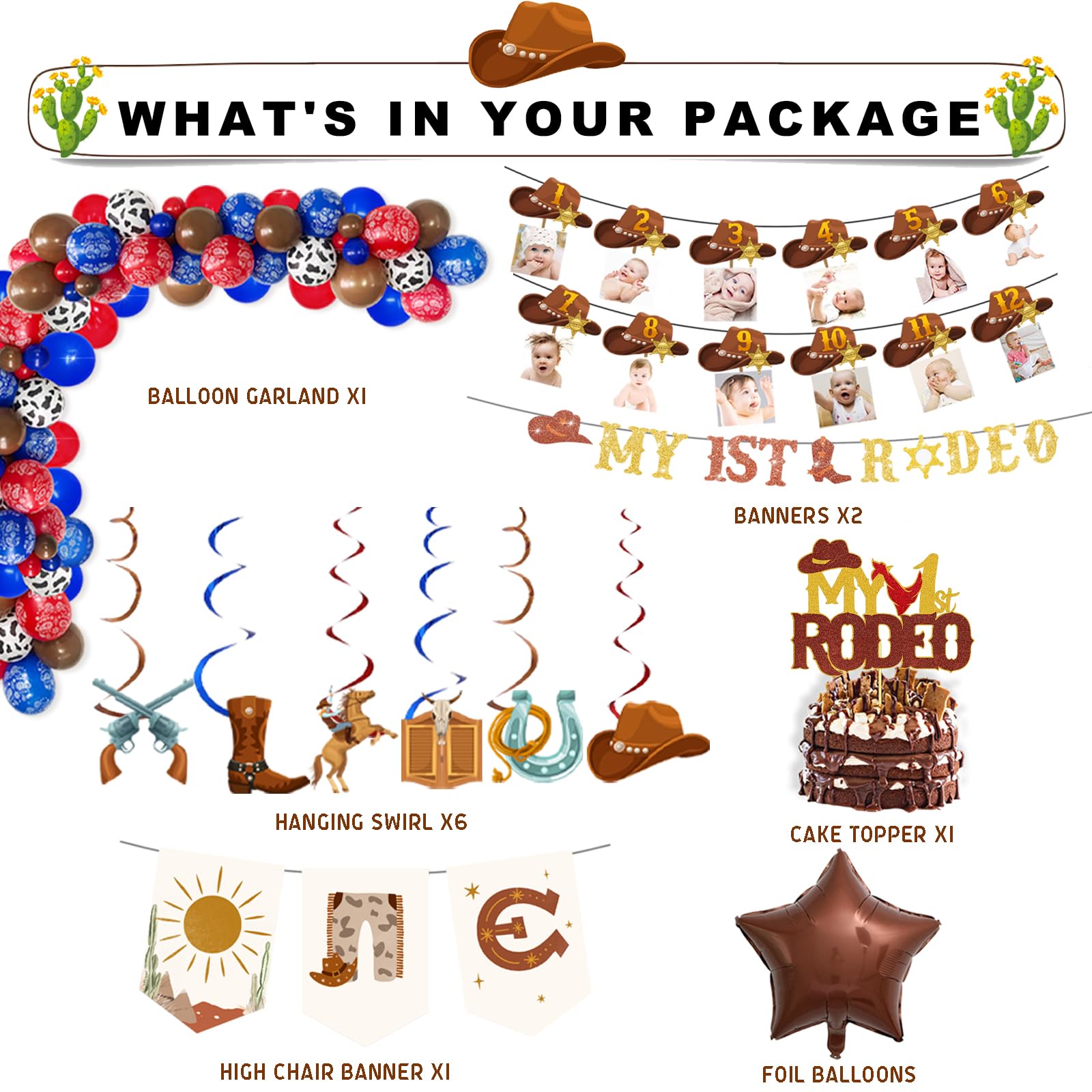 Fiesec My First Rodeo Boy's 1st Birthday Decorations Kit – 99 Pieces Cowboy Party Set with Balloons, Banners, Cake Topper