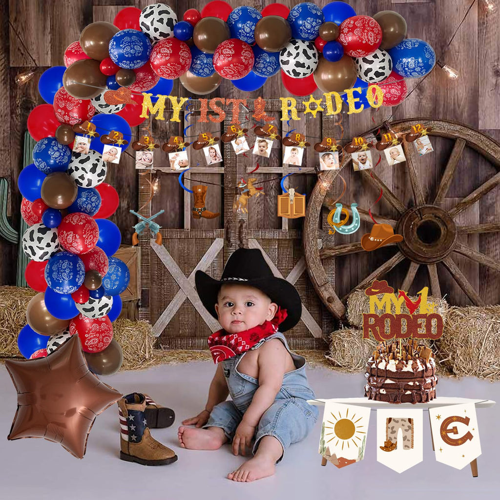 Fiesec My First Rodeo Boy's 1st Birthday Decorations Kit – 99 Pieces Cowboy Party Set with Balloons, Banners, Cake Topper