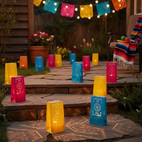 Fiesta Luminary Bags - 12 Pack, Paper, Cinco de Mayo & Day of the Dead Decor
