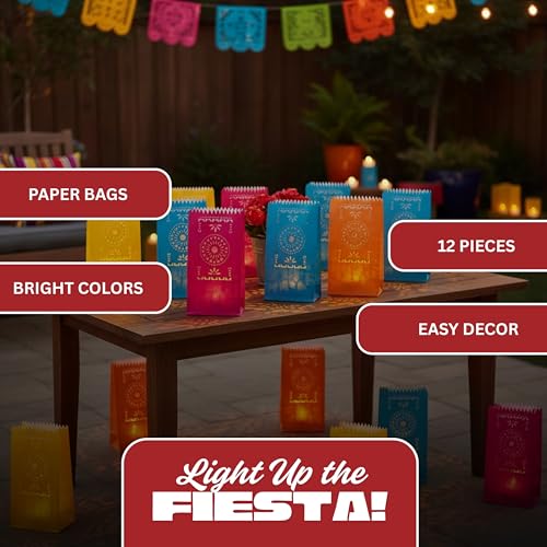 Fiesta Luminary Bags - 12 Pack, Paper, Cinco de Mayo & Day of the Dead Decor