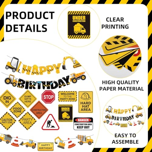 FIGEPO 14-Piece Construction Birthday Party Decoration Set – Banners, Garlands, Truck Cutouts & Traffic Signs