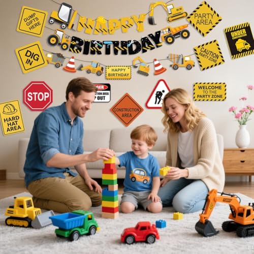 FIGEPO 14-Piece Construction Birthday Party Decoration Set – Banners, Garlands, Truck Cutouts & Traffic Signs