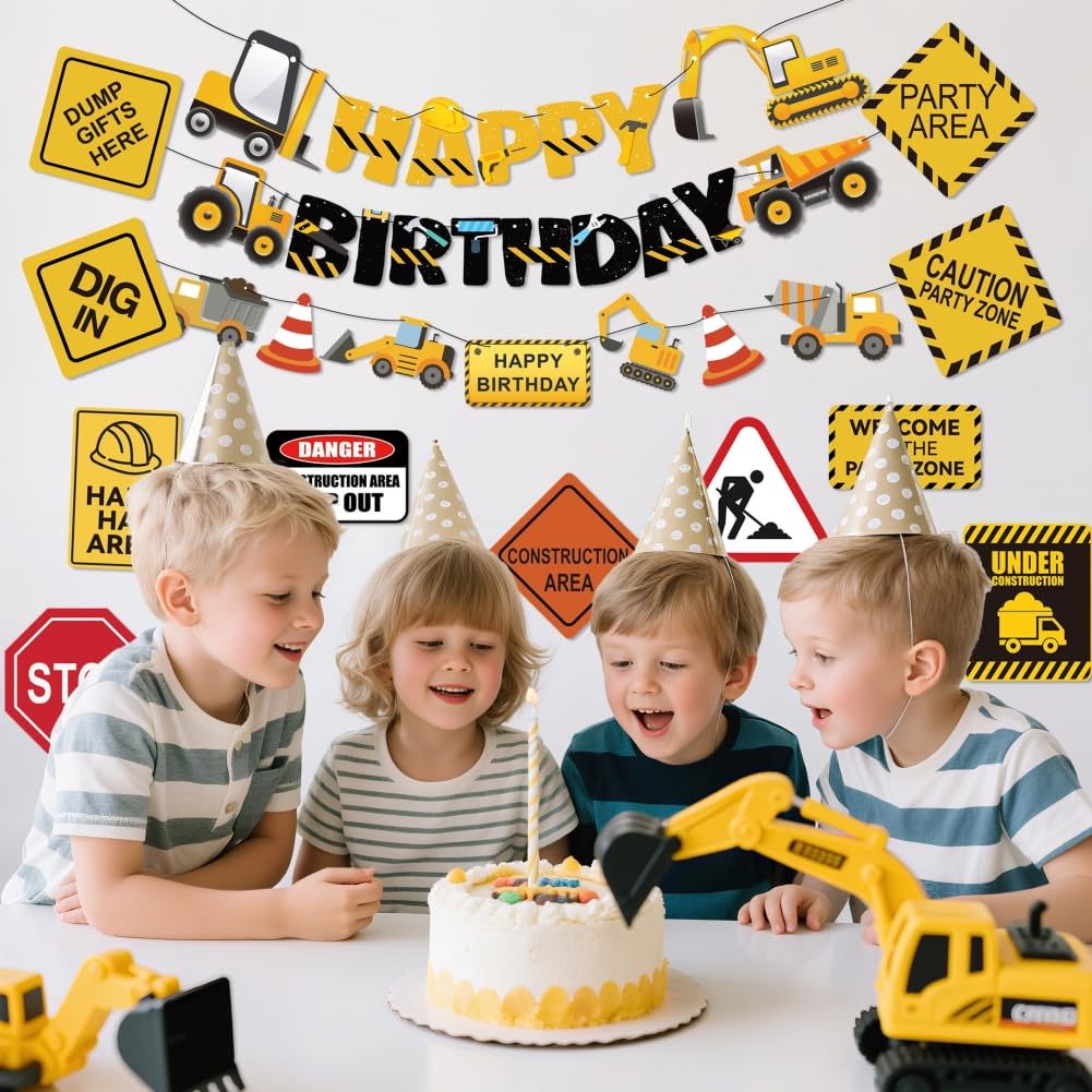 FIGEPO 14-Piece Construction Birthday Party Decoration Set – Banners, Garlands, Truck Cutouts & Traffic Signs
