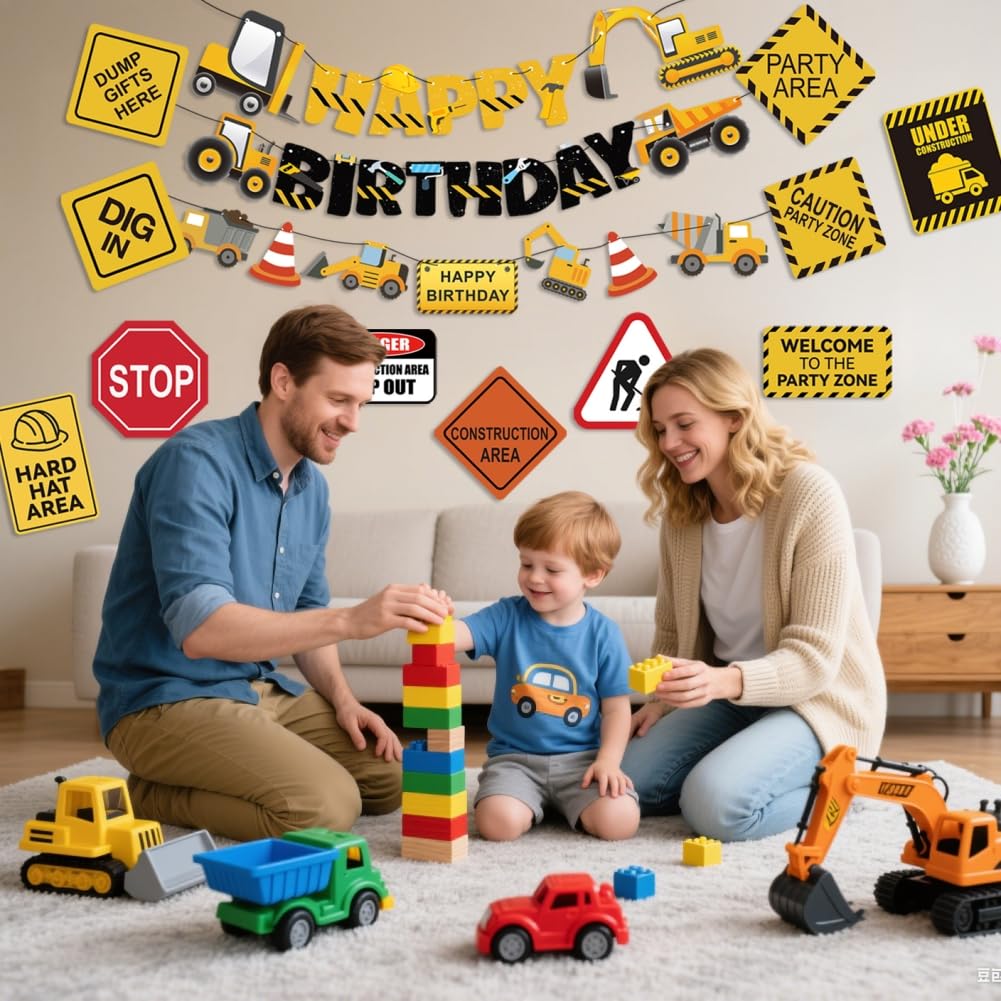 FIGEPO 14-Piece Construction Birthday Party Decoration Set – Banners, Garlands, Truck Cutouts & Traffic Signs