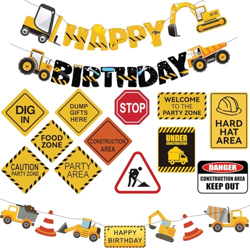 FIGEPO 14-Piece Construction Birthday Party Decoration Set – Banners, Garlands, Truck Cutouts & Traffic Signs