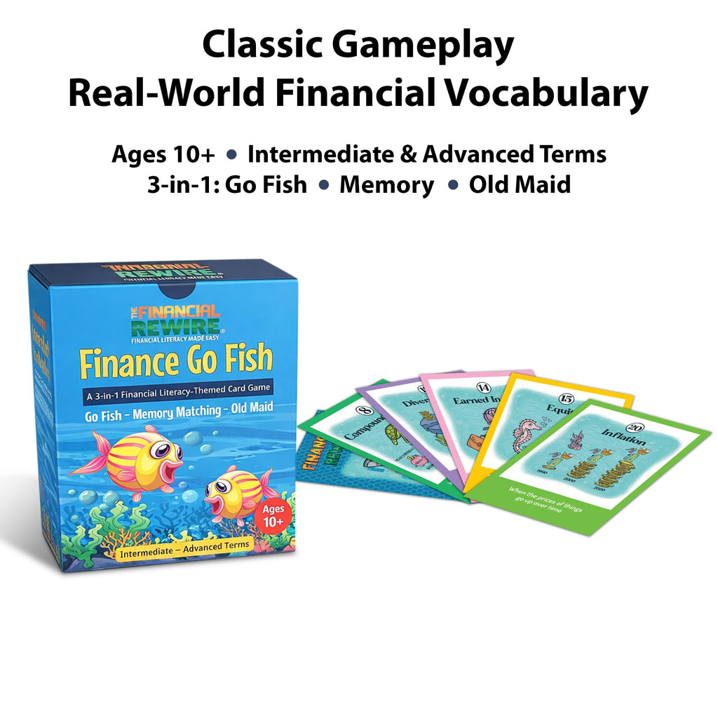 Finance Go Fish: 3 Financial Literacy Card Games for Kids (Ages 10+) – Go Fish, Memory, Old Maid with 28 Money Terms, Definitions & Artwork