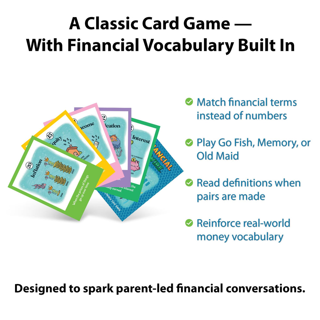 Finance Go Fish: 3 Financial Literacy Card Games for Kids (Ages 10+) – Go Fish, Memory, Old Maid with 28 Money Terms, Definitions & Artwork