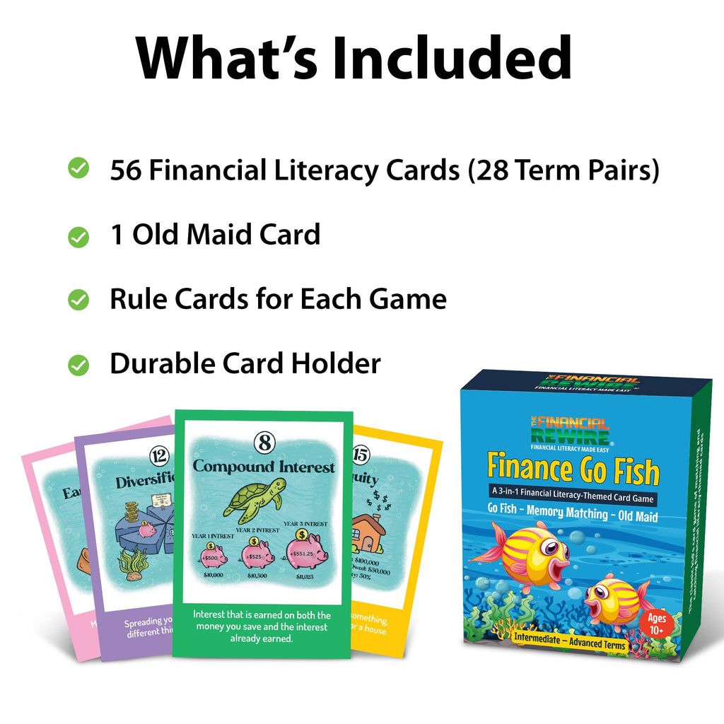 Finance Go Fish: 3 Financial Literacy Card Games for Kids (Ages 10+) – Go Fish, Memory, Old Maid with 28 Money Terms, Definitions & Artwork