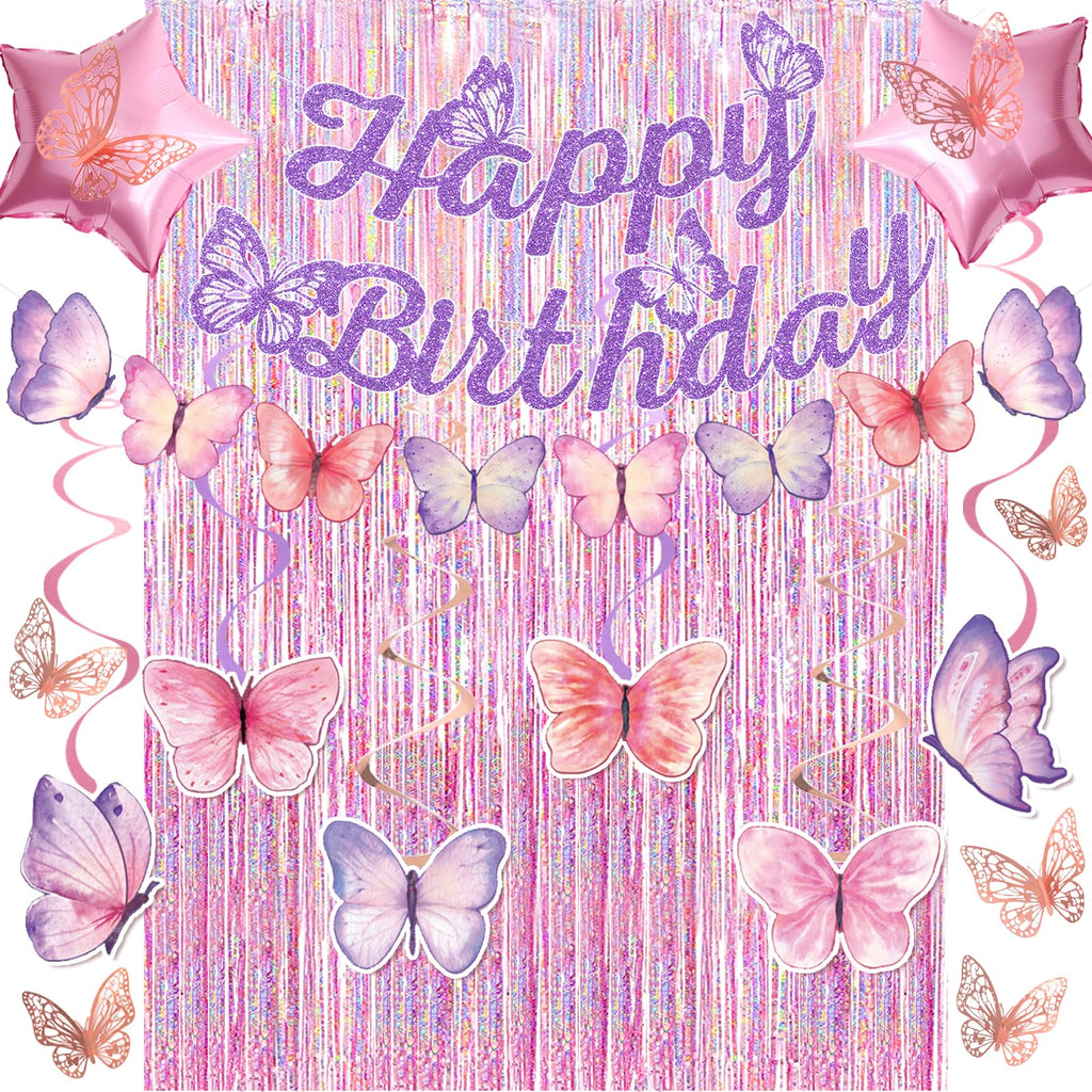 FINDRICH 33-Piece Purple Butterfly Birthday Decorations Set for Women Girls - Includes Banner, Wall Stickers, Hanging Swirls & Balloons