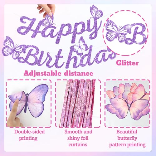 FINDRICH 33-Piece Purple Butterfly Birthday Decorations Set for Women Girls - Includes Banner, Wall Stickers, Hanging Swirls & Balloons