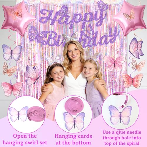 FINDRICH 33-Piece Purple Butterfly Birthday Decorations Set for Women Girls - Includes Banner, Wall Stickers, Hanging Swirls & Balloons