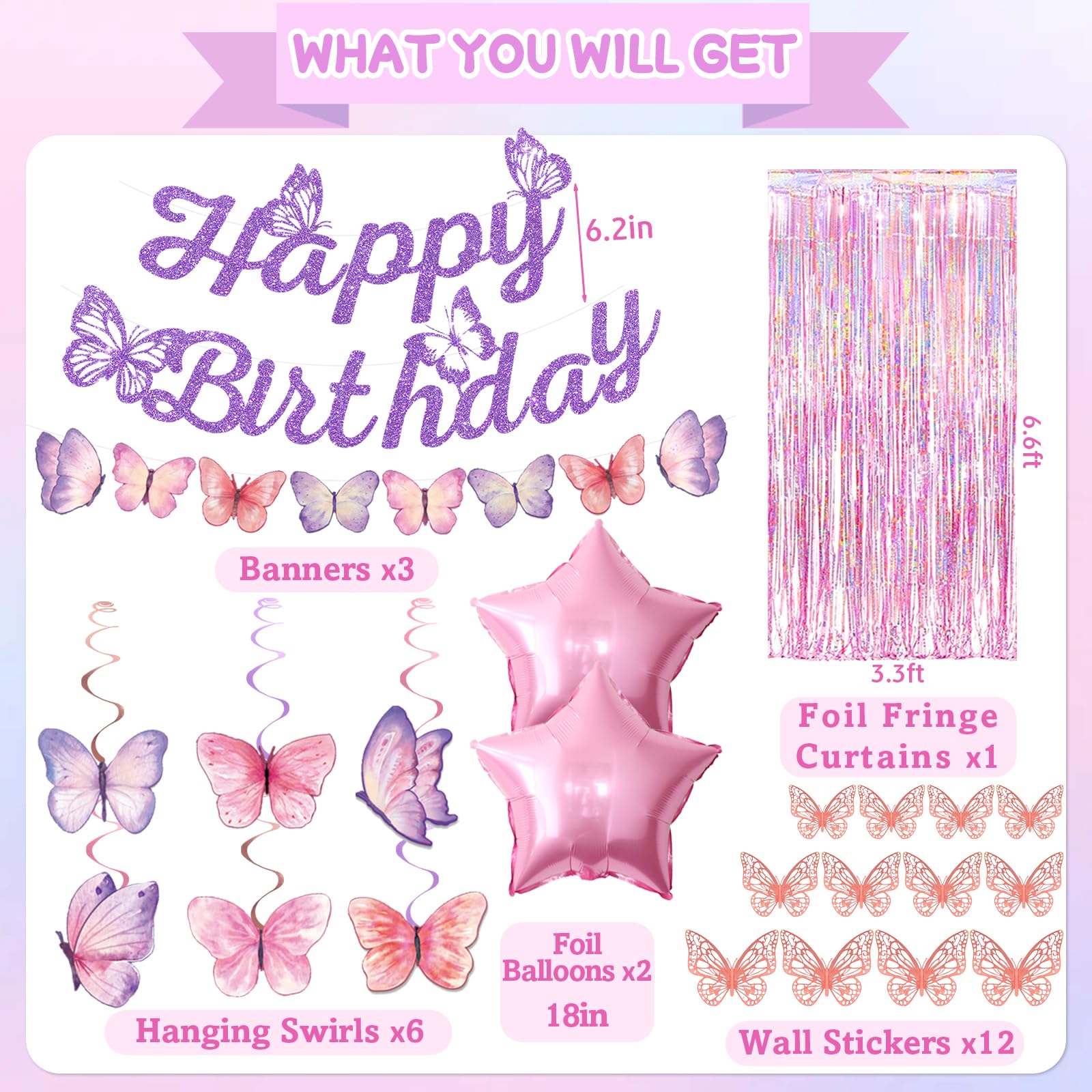 FINDRICH 33-Piece Purple Butterfly Birthday Decorations Set for Women Girls - Includes Banner, Wall Stickers, Hanging Swirls & Balloons