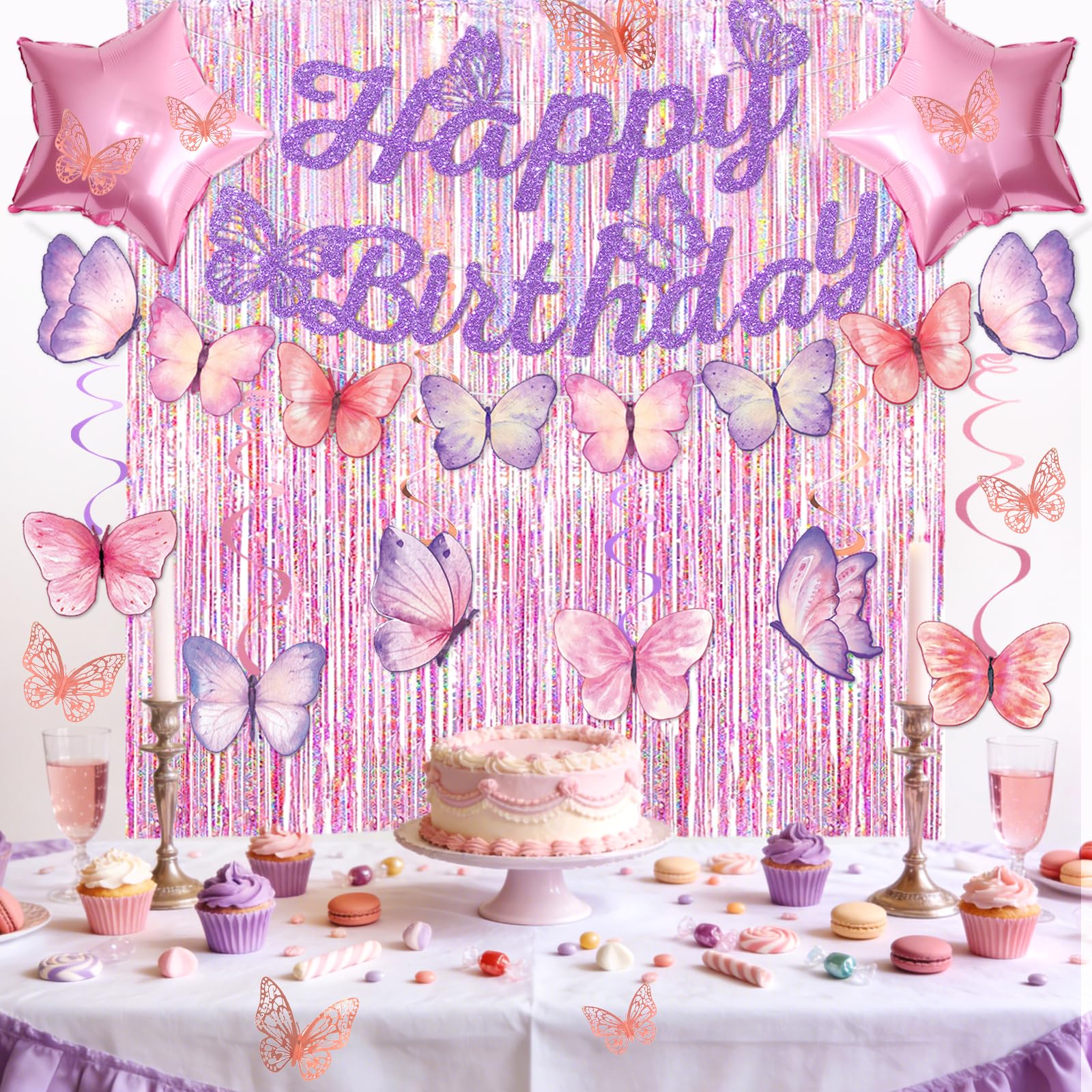FINDRICH 33-Piece Purple Butterfly Birthday Decorations Set for Women Girls - Includes Banner, Wall Stickers, Hanging Swirls & Balloons