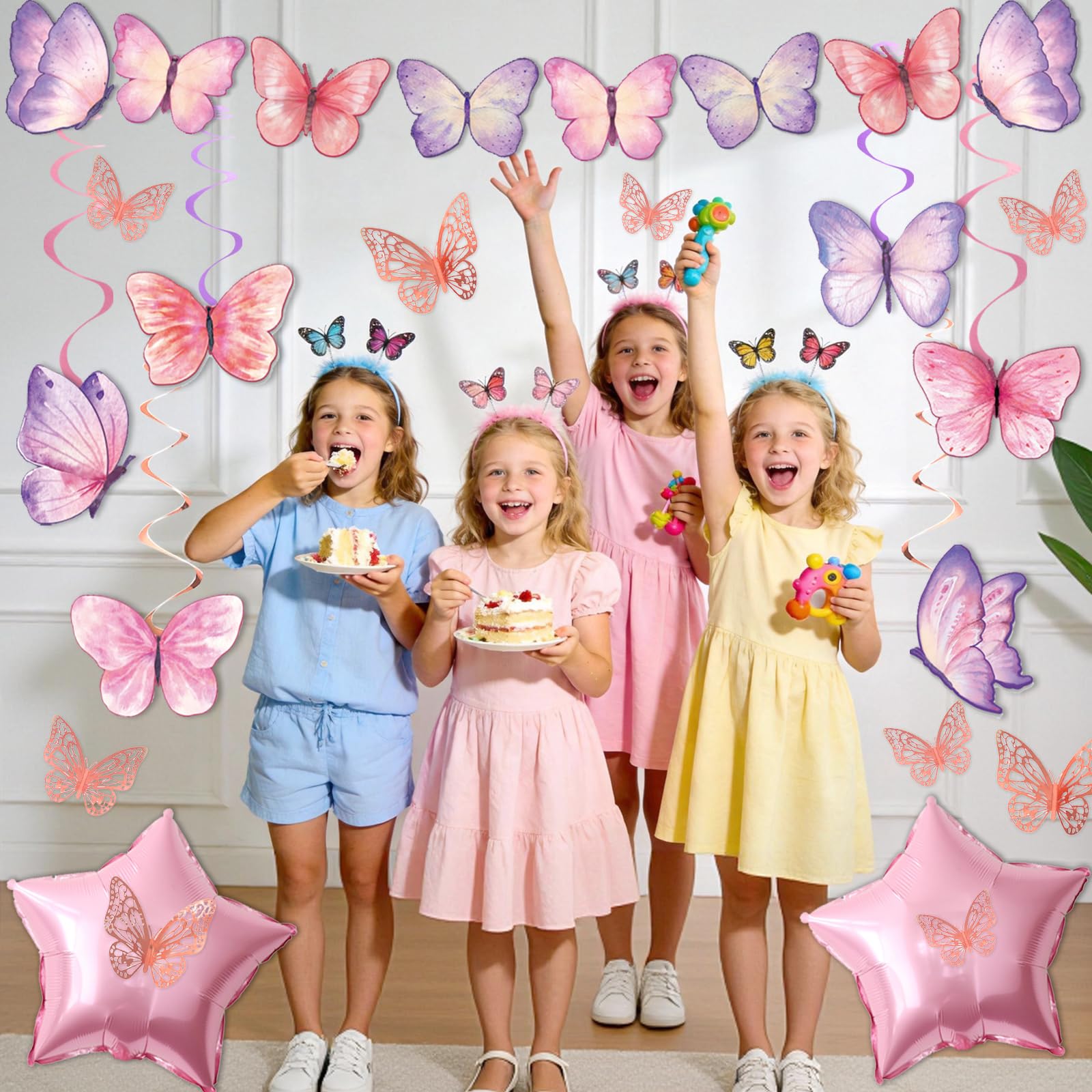FINDRICH 33-Piece Purple Butterfly Birthday Decorations Set for Women Girls - Includes Banner, Wall Stickers, Hanging Swirls & Balloons