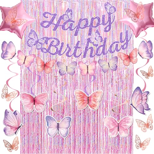 FINDRICH 33-Piece Purple Butterfly Birthday Decorations Set for Women Girls - Includes Banner, Wall Stickers, Hanging Swirls & Balloons