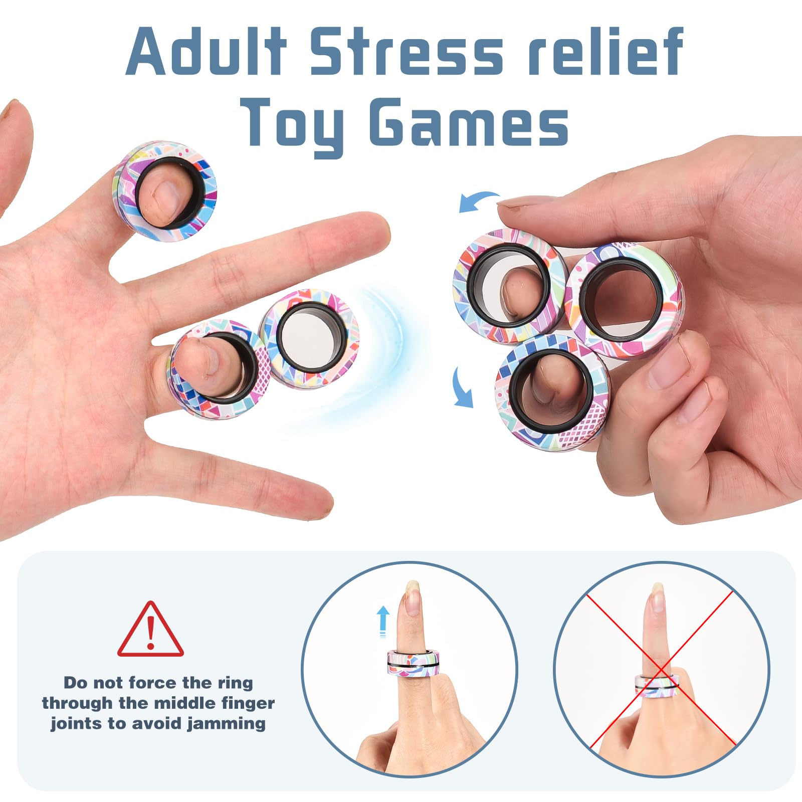 Finger Rock Magnetic Fidget Rings - 3 Pack Stress Relief Spinner Rings for Anxiety, ADHD Focus, and Calming - Smooth Plastic, Portable, Ages 8+