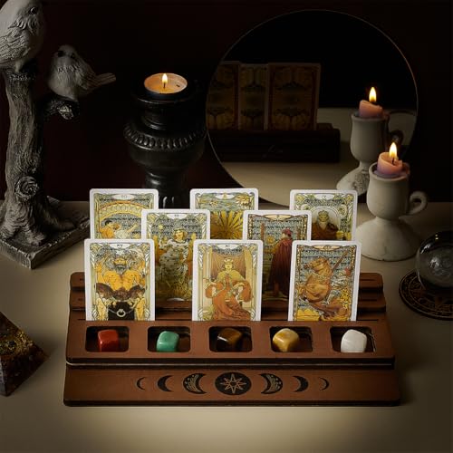 FINGERINSPIRE 3-Tier Wooden Tarot Card Holder - Camel Color with Moon Phase Design