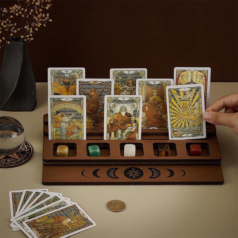 FINGERINSPIRE 3-Tier Wooden Tarot Card Holder - Camel Color with Moon Phase Design