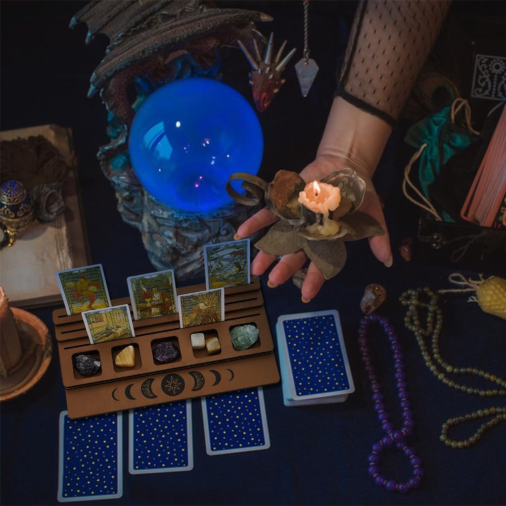 FINGERINSPIRE 3-Tier Wooden Tarot Card Holder - Camel Color with Moon Phase Design