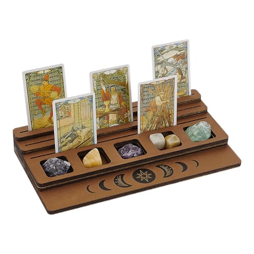 FINGERINSPIRE 3-Tier Wooden Tarot Card Holder - Camel Color with Moon Phase Design