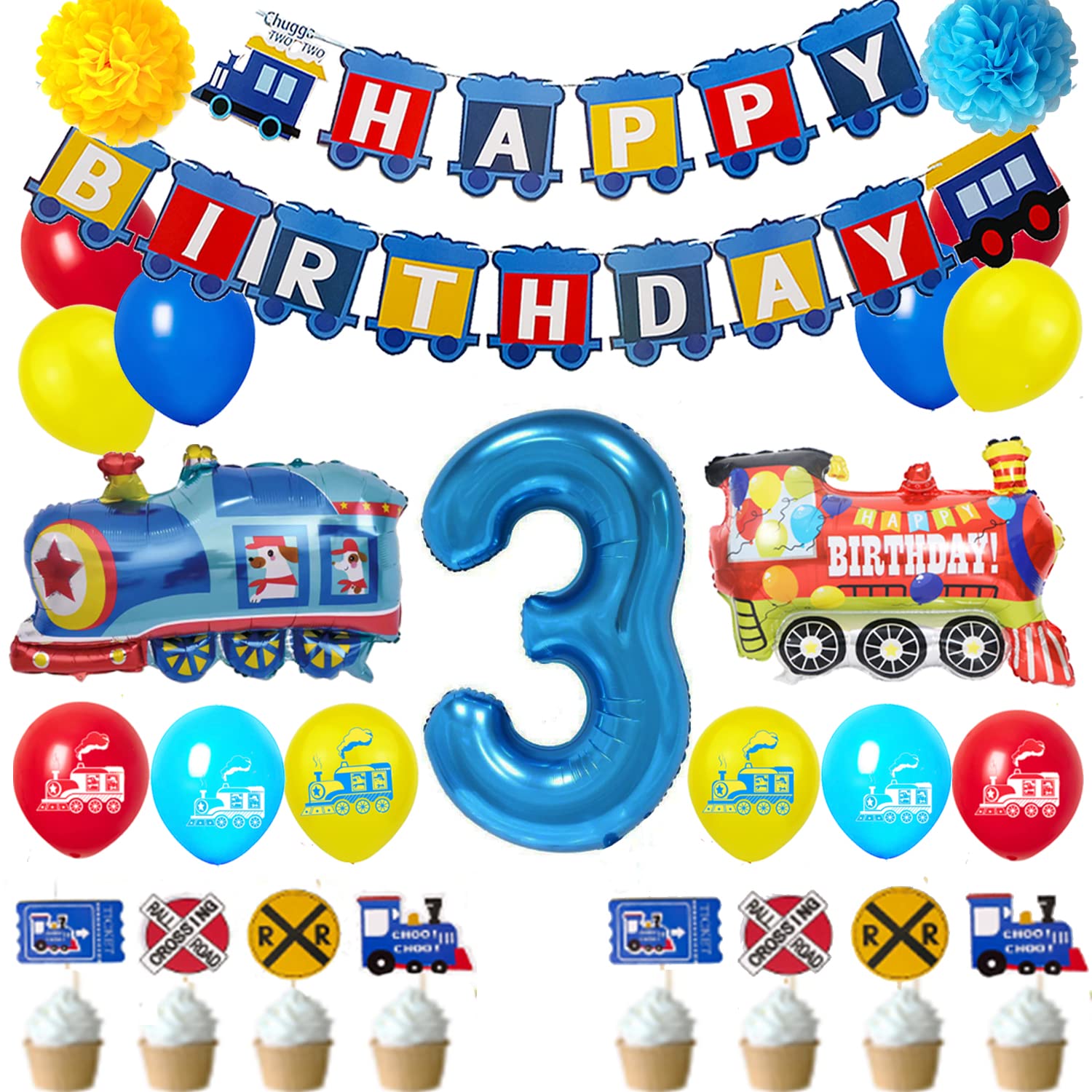 Finypa 3rd Birthday Train Party Decorations for Boys – Foil Balloons, Banner, Cake Toppers