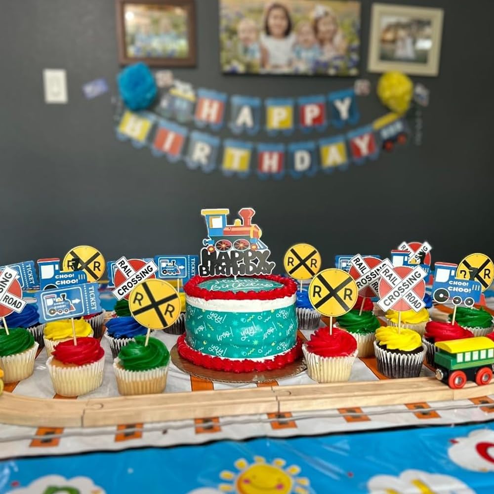 Finypa 3rd Birthday Train Party Decorations for Boys – Foil Balloons, Banner, Cake Toppers