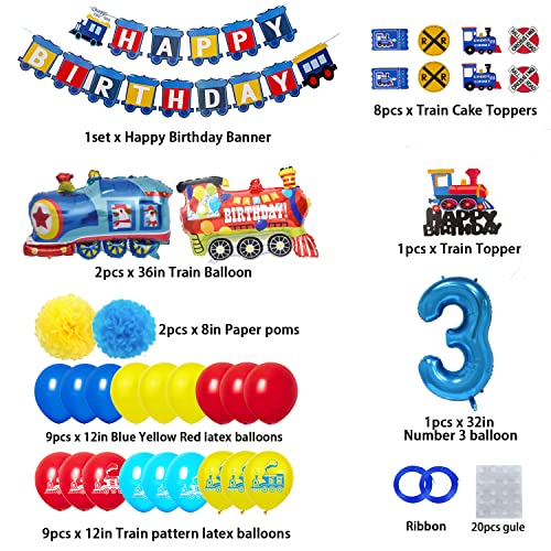 Finypa 3rd Birthday Train Party Decorations for Boys – Foil Balloons, Banner, Cake Toppers