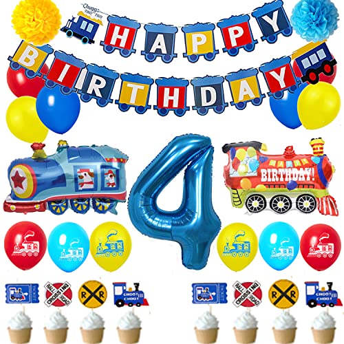 Finypa Train Birthday Decoration Set for 4-Year-Old - Number 4 Foil Balloon, Banner, Latex Balloons, Cake Topper, Railroad Theme