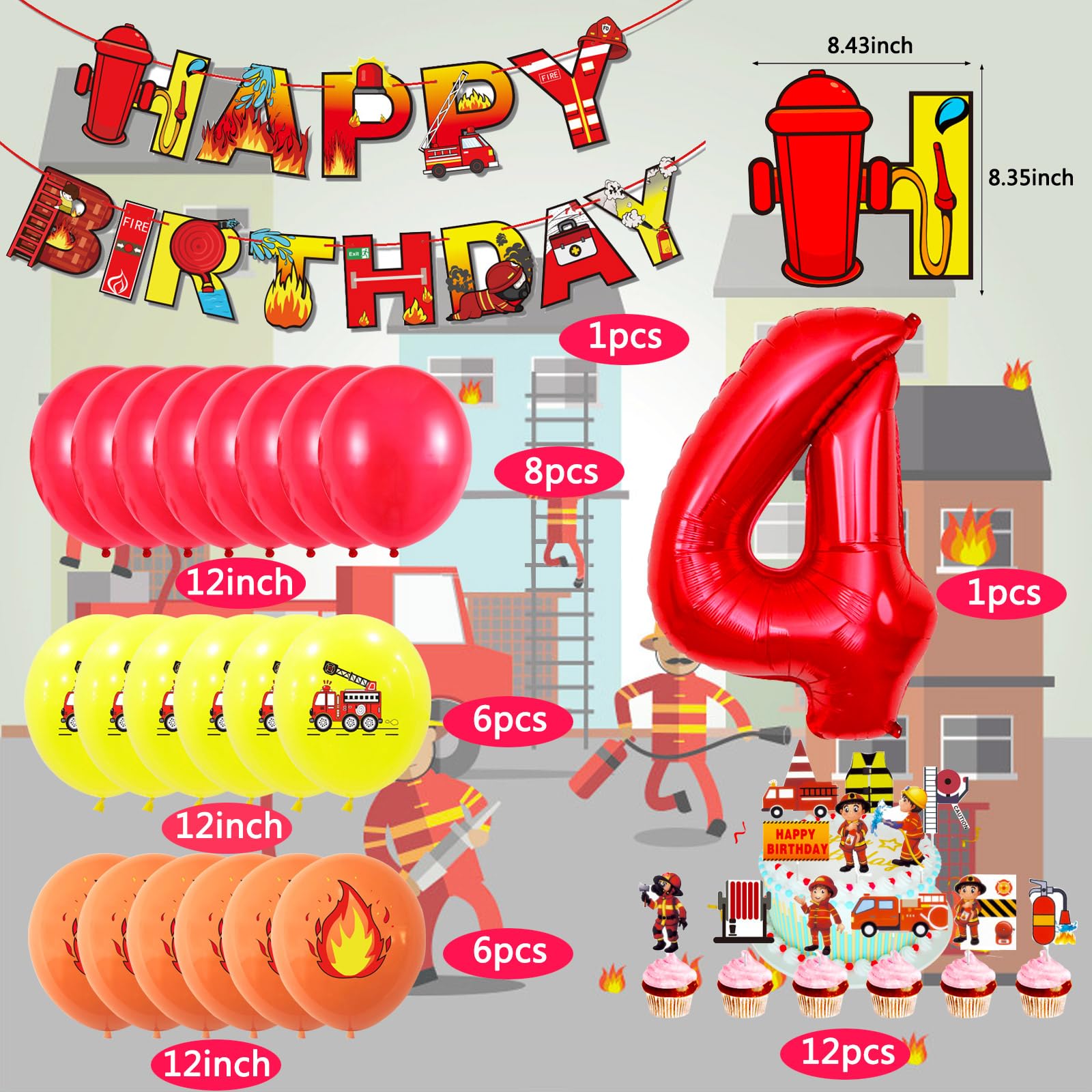 Fire Truck Party Decorations for 4 Year Old - SOIAODRAH Firefighter Birthday Balloons Set with Number 4 Foil Balloon