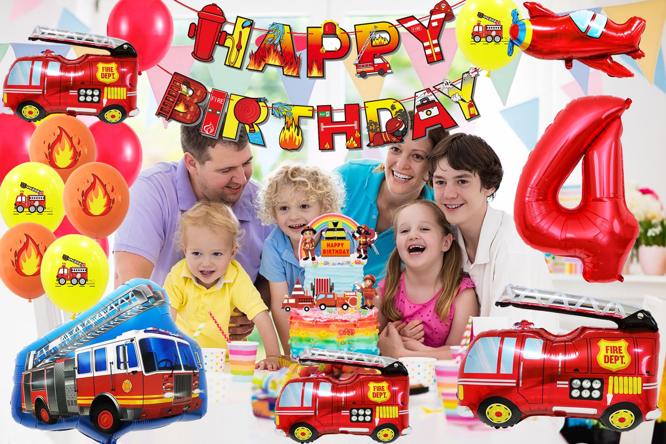 Fire Truck Party Decorations for 4 Year Old - SOIAODRAH Firefighter Birthday Balloons Set with Number 4 Foil Balloon
