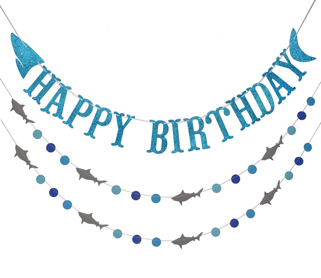 Firefairy Shark Happy Birthday Banner with Matching Garlands - Blue Glitter Cardstock, Pre-Strung 64.8 Inch