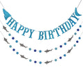 Firefairy Shark Happy Birthday Banner with Matching Garlands - Blue Glitter Cardstock, Pre-Strung 64.8 Inch